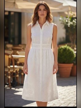 Sam Edelman White Eyelet Sleeveless Midi Shirt Dress